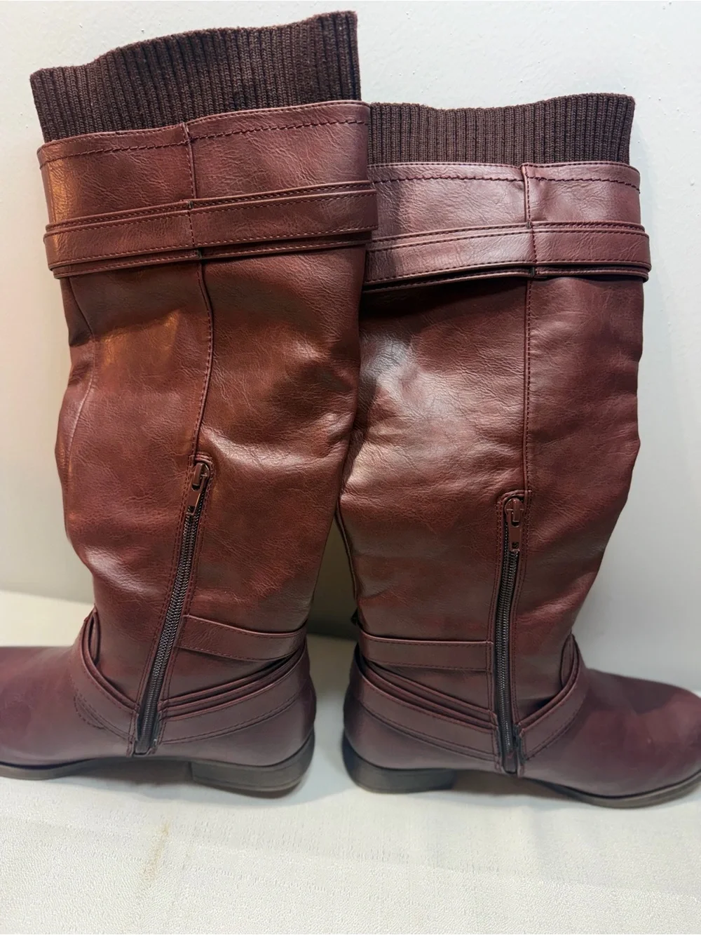 JustFab Wine-Red Tall Riding Boots with Knit Cuff & Buckle Details